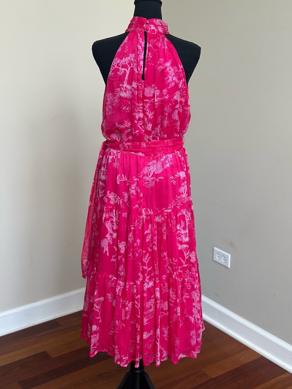 NWOT - Lulu's Hot Pink Floral Print Halter-Neck Tiered Midi Dress - Picture 4 of 11